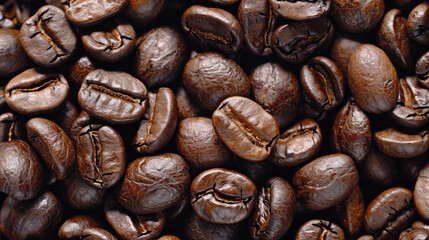 Top view background of aromatic brown coffee beans scattered on surface - Powered by Adobe