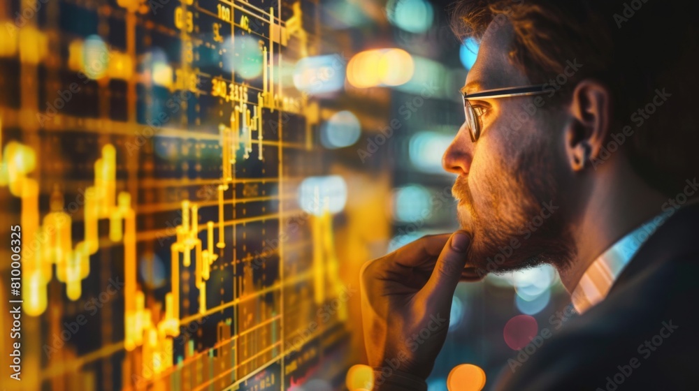 Fototapete A focused man analyzes complex financial charts and graphs on a glowing digital display in a dark office setting.