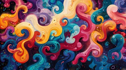 Fototapeta premium A colorful painting with a lot of swirls and splatters. The colors are bright and vibrant, and the overall mood is energetic and playful