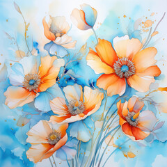 Watercolor background with colorful flowers. Flower of spring.	