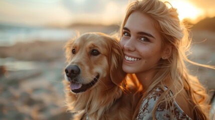 Happy woman with golden retriever at sunset