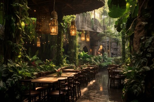 Jungle cafe thailand. Wooden forest. Generate Ai