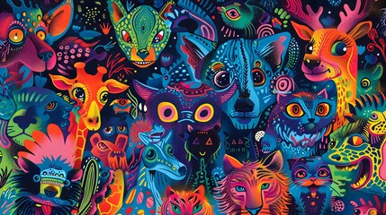 Fototapeta premium A background populated by fantastical creatures or abstract representations of animals, rendered with playful doodles and vibrant colors