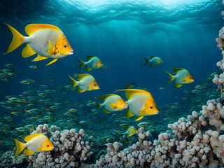 Fototapeta na wymiar School of underwater fish, beautiful underwater scenery, underwater creatures and environmental protection, underwater photography, extreme sports