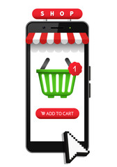 Online store. Smartphone with a striped awning and website interface. Vector 3D illustration isolated on white background.