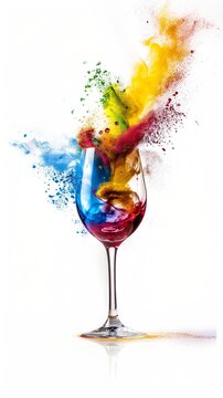 A glass of wine spreading colorful powder, white background. a colorful splash and glass