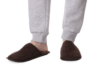 Man in soft slippers on white background, closeup