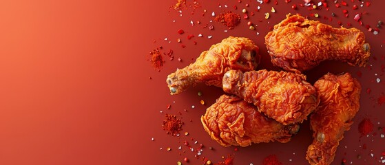 Overhead shot of fried chicken with spices scattering around it, set against a stark, bright red background