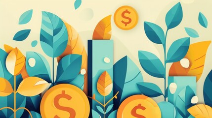 Stylized graphic depicting increasing financial bar charts with currency symbols and foliage, representing economic prosperity.