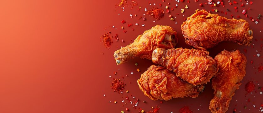 Overhead shot of fried chicken with spices scattering around it, set against a stark, bright red background