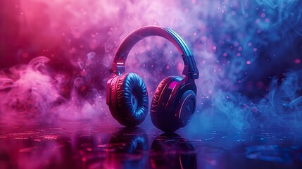 World music day banner with headset headphones on abstract colorful dust background. Music day event and musical instruments colorful design