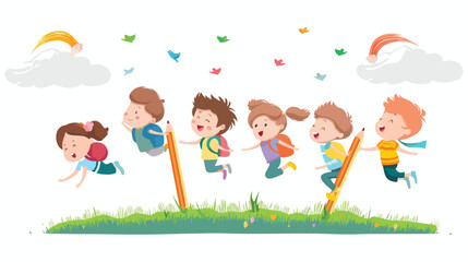 Happy Kids students Flying With Pencil Vector style Vector