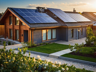 Energy-Efficient Living, New Suburban House with Solar Panels on Gable Roof and Eco-Friendly Landscaping