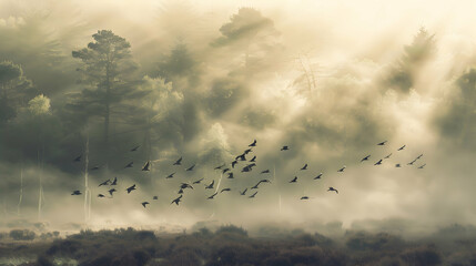 Fototapeta premium A flock of birds taking flight over a misty heathland early in the morning, with soft rays of light piercing through