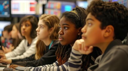 A group of attentive students engaging in a computer science lesson in a modern classroom setting.
