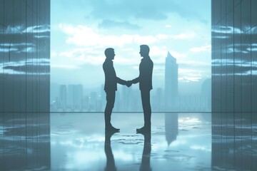 Two men shaking hands in front of a cityscape, suitable for business concepts
