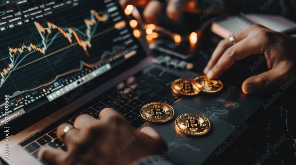 Poster a person examines cryptocurrency trends on a laptop screen while handling bitcoin tokens.