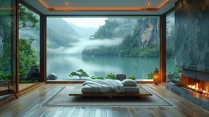View from the luxurious room of the mountains and the foggy lake. Relaxation, style, modernity