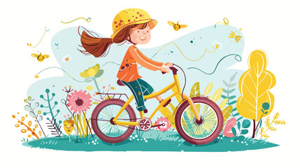 Happy little girl riding a bike Vector style 