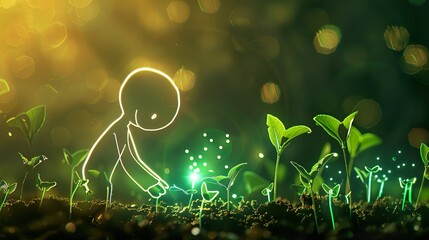A white line art stick figure with a smile on his face, is planting small plant seeds in the ground. The background is a bokeh effect flower garden with burning green and white light dots.