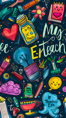 A seamless pattern with doodles of school supplies.