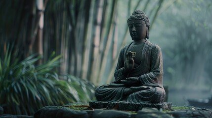 Figure of a meditating Buddha in a bamboo forest