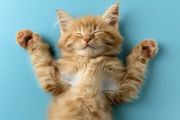 Cute ginger kitten lying on blue background, top view,  Fluffy pet