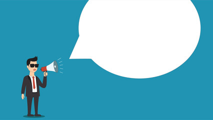 Businessman communicates through megaphone. Announcement, information, notification. Message business people with speach bubble. Vector flat illustration