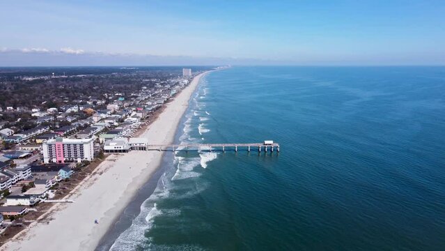 Surfside Beach South Carolina Aerial 4k Cinematic View, Clear Sunny Day, USA.