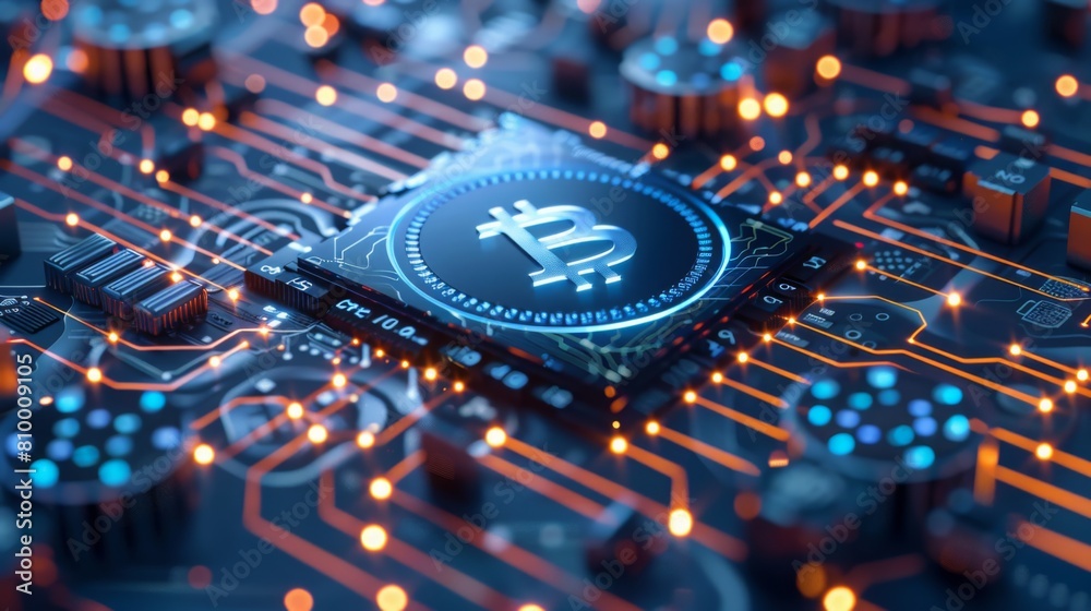 Poster A close-up view of a bitcoin chip positioned on top of a computer chip, symbolizing the integration of cryptocurrency with technology.