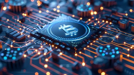 A close-up view of a bitcoin chip positioned on top of a computer chip, symbolizing the integration of cryptocurrency with technology.