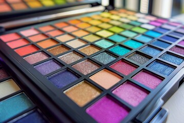 Colorful eyeshadow palette close-up,  Selective focus