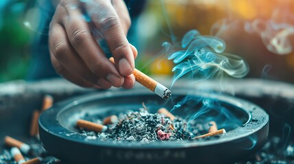 Closeup of a cigarette in an ashtray.
