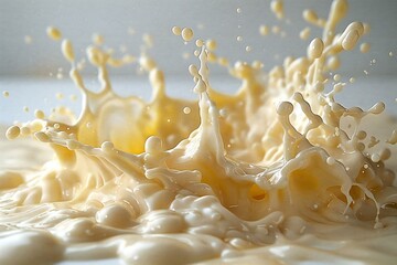 Splashes of milk on a white background, closeup of photo