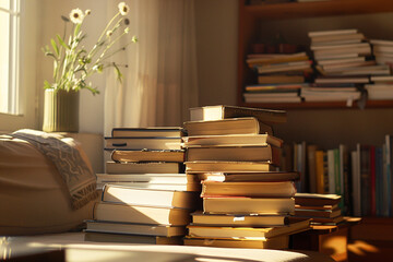 Stacks of books in a warm home setting close-up on casual studying and comfort in reading 