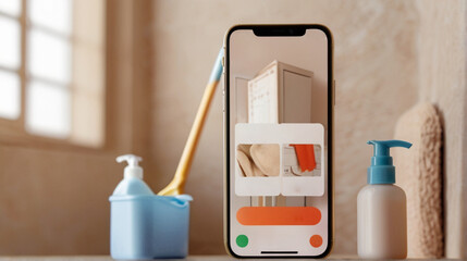 Cell phone with cleaning product in the apartment, modern domestic lifestyle, spring cleaning concept. Home cleaning service mobile app. Online shopping list through mobile app marketplace. 