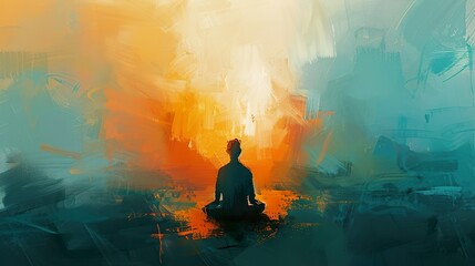 Illustration, a person meditating, minimalist painting, cyan and amber pastel color palette.