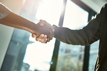 Partners, handshake and teamwork for hire in office, cooperation and contract deal or partnership....