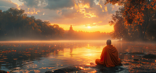 Orange buddhist monk sitting in meditation on water lake.