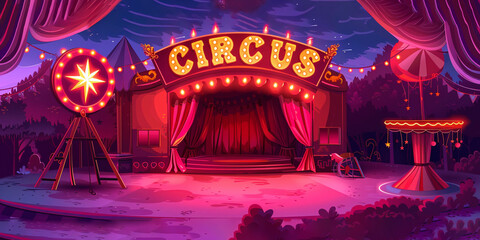 Flat glossy vector style illustration of circus tent entrance and stage. Pink and purple lights color palette.