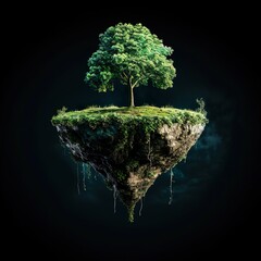 A levitating island with one tree on a black background. Ecology concept.