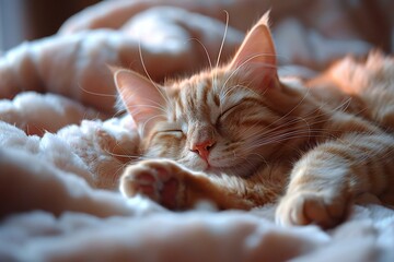 Cute ginger cat sleeps on a soft blanket,  Close up