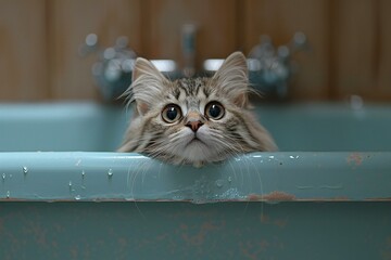 Cute tabby cat with blue eyes in a blue bath