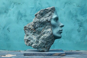 Stone sculpture of the face of a man on a blue background