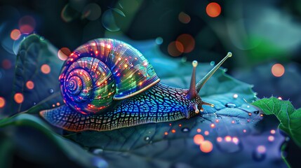 A bioluminescent snail sits on a leaf