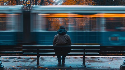 Person sitting on a bench with a blurry train passing by. Moments of solitude in motion. A lone figure contemplates life as trains whiz by