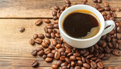 Fototapeta premium Cup of coffee and beans on an old kitchen table. Coffee grower. A hot morning invigorating drink. Place for text. Copy space