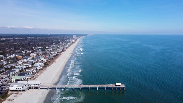 Surfside Beach South Carolina Aerial 4k Cinematic View, Clear Sunny Day, USA.
