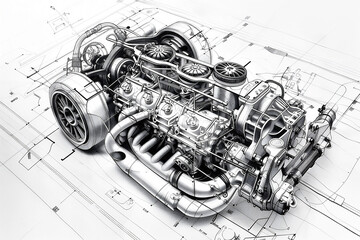 Dibujo t&eacute;cnico de un motor de coche deportivo, en blanco y negro, con bocetos detallados que muestran diversos componentes como cilindros, cig&uuml;e&ntilde;al, &aacute;rbol de levas, colector de admisi&oacute;n