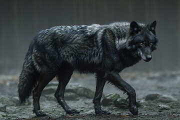 Black wolf, Canis lupus, single mammal on ground, UK